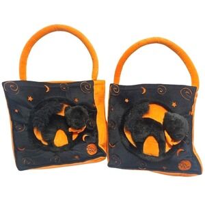 Pair 3D Felt Black Cats Halloween Trick Treat Candy Bags Sacks Orange Large 10"